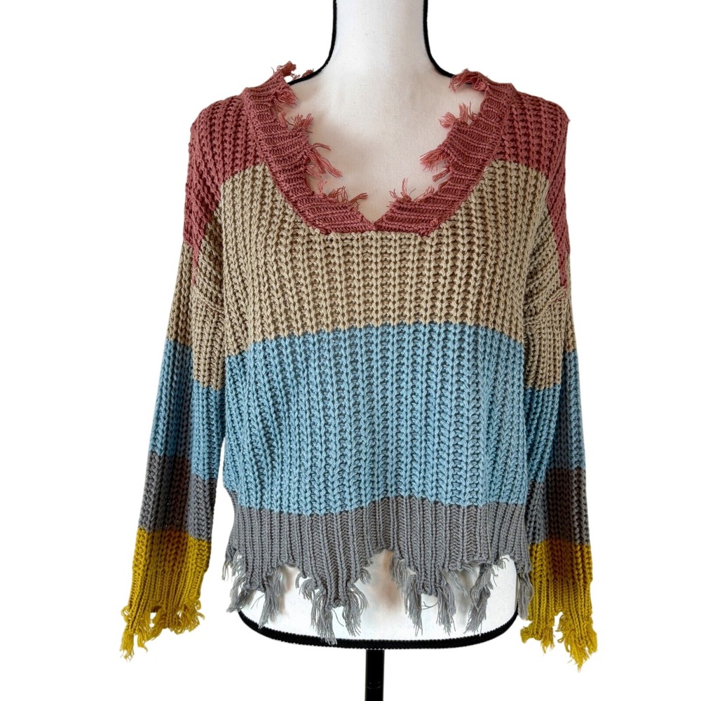 Poof Apparel Color Block Sweater Distressed V Neck Knit Cropped Pullover Medium
